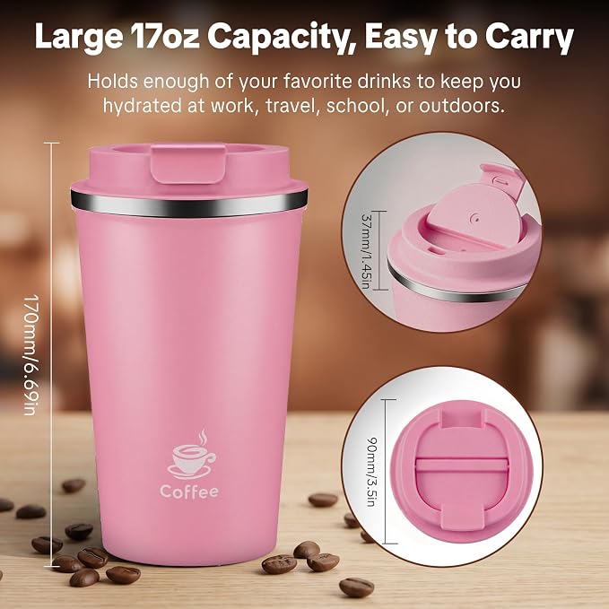 17oz Travel Coffee Mug ,Leakproof Vacuum Coffee Cup Insulated Tumbler | 304 Stainless Steel, Double-Wall Vacuum Insulated, Leakproof, Fits Hot & Cold Drinks Car Cup Holders, Travel, Office