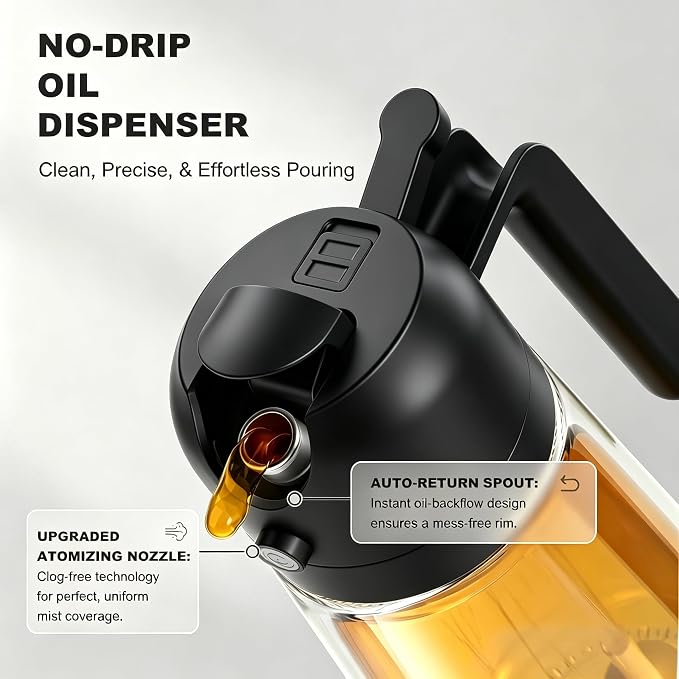Pure Future 2-in-1 Olive Oil Sprayer for Cooking - 16oz/470ml Glass Oil Dispenser Bottle with Portion Control, Refillable Mister for Air Fryer, BBQ, Salad, Grilling, Food-Grade & BPA-Free (Black)