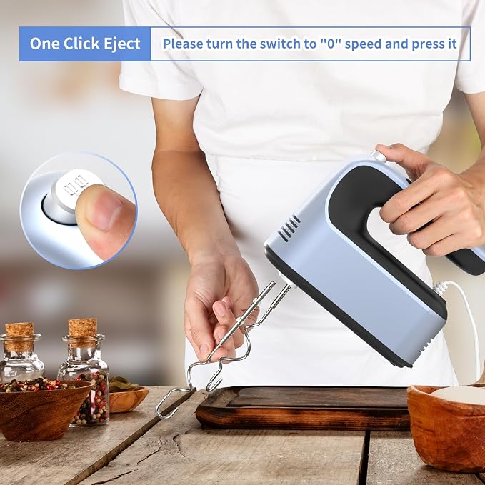 Yomelo 9-Speed Digital Hand Mixer Electric, 400W Powerful DC Motor, Hand Mixer Electric Handheld with Snap-On Storage Case, 5 Stainless Steel Accessories, Beaters, Dough Hooks, Whisk(Ocean Blue)