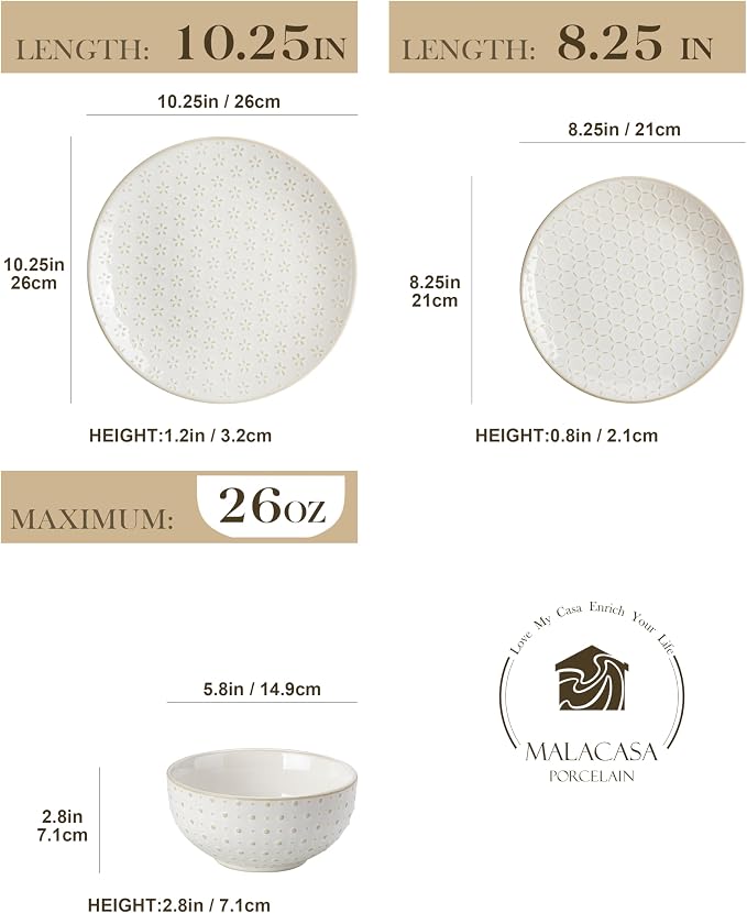 MALACASA 12 Pieces Dinnerware Sets, Farmhouse Plates and Bowls Sets, Embossed White Dish Set for 4, Vintage Relief Ceramic Dish Set, Chip-Resistant, Microwave and Dishwasher Safe, Series LYDIA
