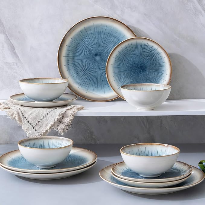 Blue Stoneware Dinnerware Set, 12 Pieces, Blue Stripe Marble, Dishwasher & Microwave Safe