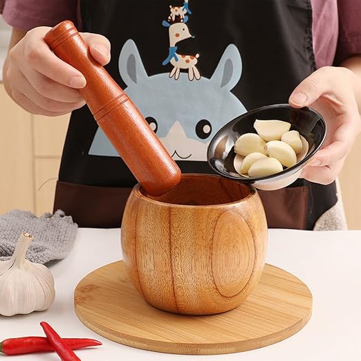 Wood Pestle and Mortar Bowl Set Guacamole Bowl Shell Garlic Pepper Press Mincer Grinder Chopper Crusher Molcajete Mix Kitchen Tool - Natural Wood