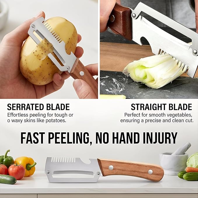 Vegetable Peeler for Kitchen – Multifunctional Stainless Steel Peeler with Wooden Handle & Bottle Opener, Durable for Fruits and Vegetables