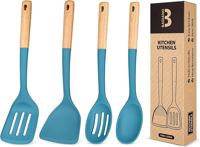 Silicone Cooking Utensils Set, Safe for Nonstick Cookwares, Blue | Perfectly Angled for Frying, Mixing,Serving,Draining,Turning and Stirring, BPA-Free Matte Silicone, Wood Handles,4 Pack