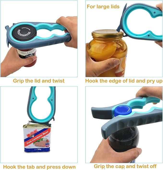 Jar & Bottle Opener with Gripper Pad for Weak Hands, Seniors with Arthritis | Multifunction Lid Opener & Kitchen Gadgets, Adjustable, Non-slip, Effortlessly Open Jar Lids Bottle Caps and Pull-tab Cans