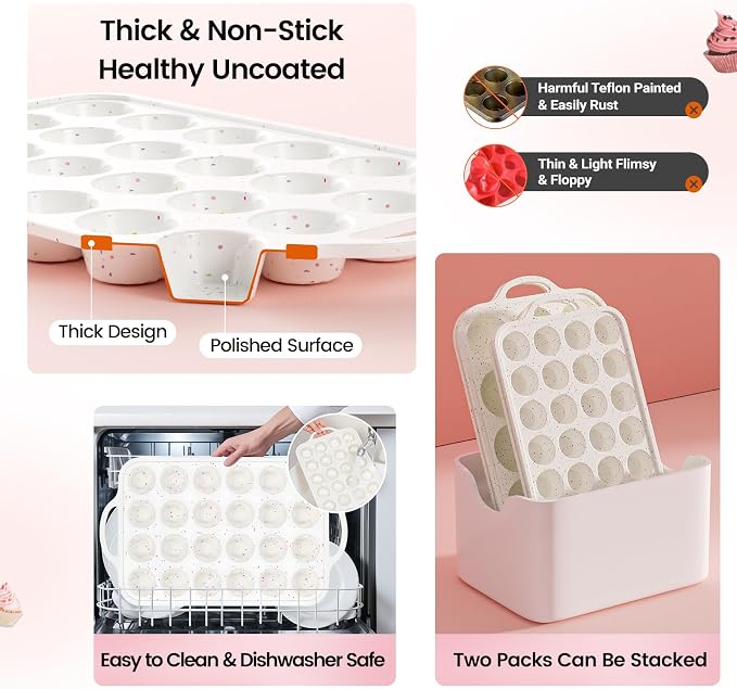 Silicone Muffin Pan with Metal Reinforced Frame - 12 Cups Muffin Pan With 24 Cups for Homemade Muffins, Cupcakes, Oven and Dishwasher Safe - Set of 2, Rainbow Dots