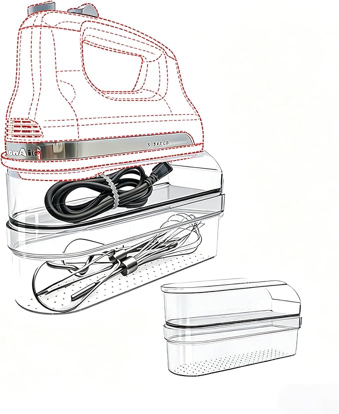 Clear Hand Mixer Storage Case - 2-Layer Acrylic Kitchen Organizer and Countertop Holder for Kitchen Aid & Other Hand Mixers, Utensils, Whisks, and Mixing Accessories - Dustproof, Space Saving