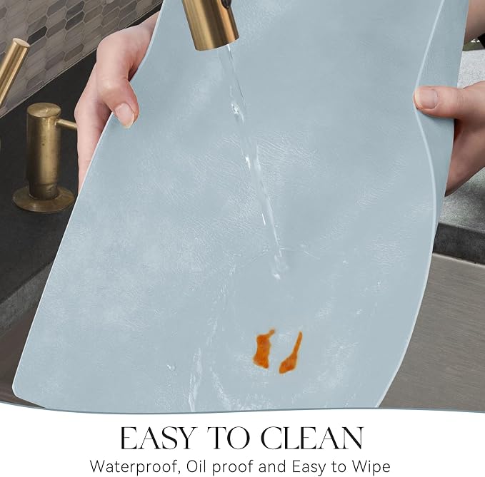 MOSAYT Vinyl Placemats Set of 6-12 X 17 Inch - Faux Leather 100% Waterproof Oil-Proof Wipeable PU Place Mats, Heat Resistant Reversible Table Mats for Kitchen, Dining, Outdoor, Light Grayish Blue