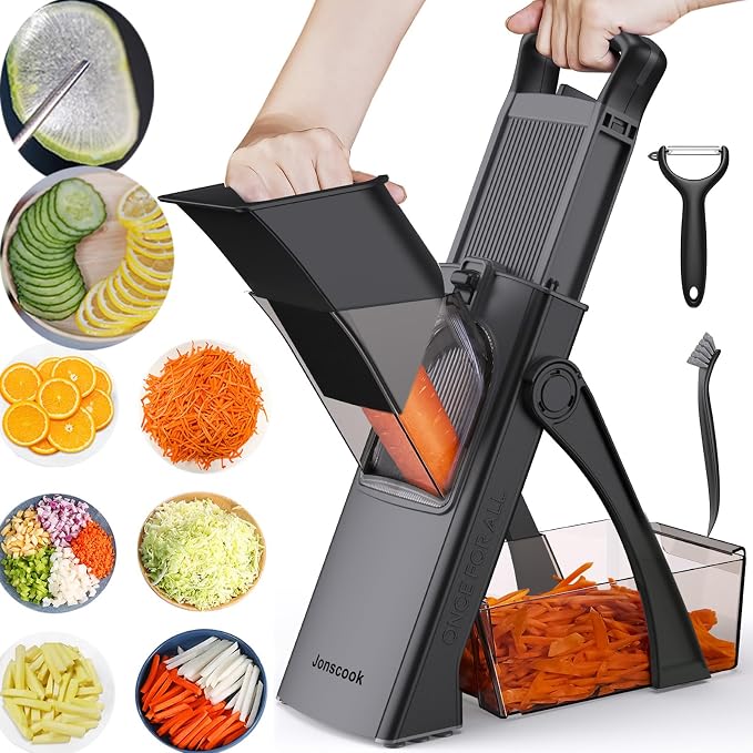 All-in-1 Safe Mandoline Slicer for Kitchen, Food Chopper with Container | 0.1-8mm Thickness Vegetable Chopper, Safe Mandoline Slicer, Potato French Fry Cutter Tomato Apple Slicer Onion (BlackKnight)