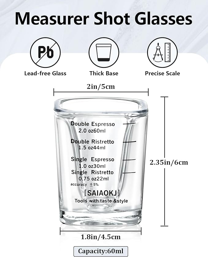 Shot Glass Measuring Cup Set, 2 Pack 2 Oz Square Espresso Glasses (Black) | Square glass measuring cups feature oz, ml, tsp and tbsp markings for espresso, liquor, medicine, desserts and recipes