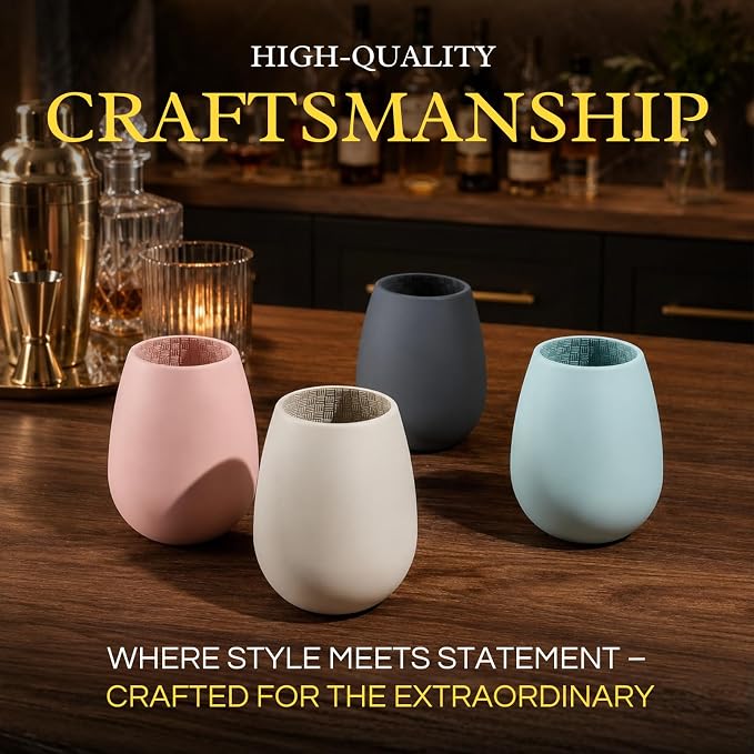 Unbreakable Silicone Stemless Wine Glassware Shatterproof Tumblers Set of 4 | Reusable Silicone Drinkware, Shatterproof & BPA-Free, Perfect for Wine, Cocktails, Champagne, Pool, Beach & Camping
