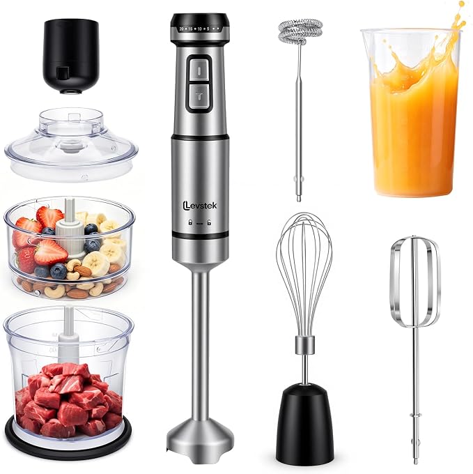 Immersion Hand Blender Set, 1200W 20-Speed Stainless Steel Stick Blender with 7 Accessories, 500ml & 200ml Chopper Cups, Milk Frother, Egg Beater, for Smoothies, Soups Kitchen Essential
