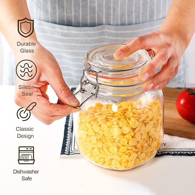 32oz Glass Food Storage Jars with Airtight Clamp Lids,6 Pack | Square Wide Mouth Mason Jars, Food Storage Containers for Kitchen,Pantry,Pickling,Sugar,Flour, Cereal