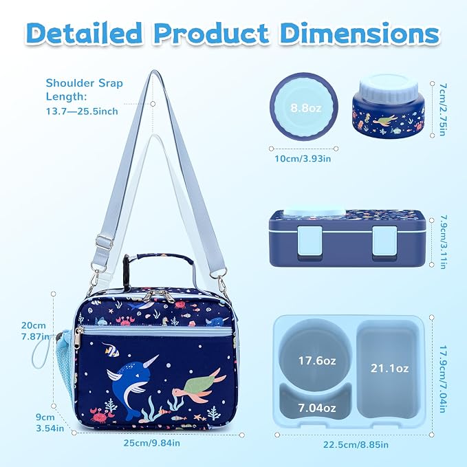 Bento Box for Kids, Leakproof Kids Lunch Box with 8.5OZ Thermo Food Jar & Lunch Bag, 3-4 Compartments Toddler Insulated Lunch Box for Girls, BPA Free Lunch Containers for School Daycare