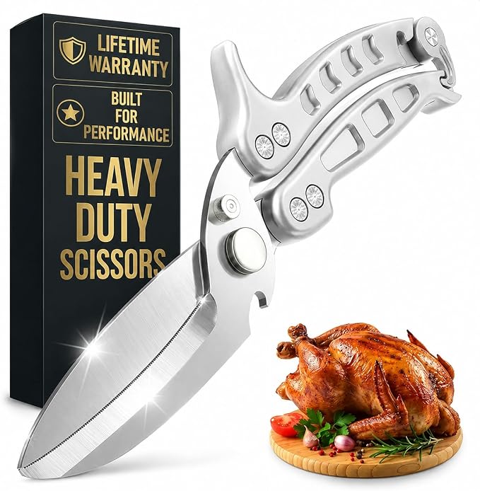 Kitchen Shears Heavy Duty, Safety Lock, Stainless Steel (Silver) | Poultry Shears for Chicken, Turkey, Spatchcock, Fish; Bone Cutting Scissors, Micro-Serrated, Spring-Loaded, Separate to Clean