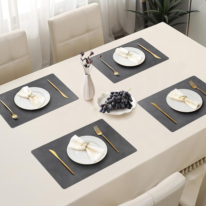 Roxifina Faux Leather Placemats Set of 4 - Vinyl Placemats Wipeable Waterproof Oil-Proof PU Place Mats Heat Resistant Reversible Table Mats for Dining, Kitchen, Outdoor, 12 x 17 Inch (Washed Black)
