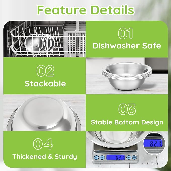 304(18/8) Stainless Steel Mixing Bowls for Kitchen, 10 Pack 5.5" Small Metal Mixing Cooking Bowls Thickened Set Stackable for Baking Serving Food Prep Storage Dishwasher Safe Heavy Duty