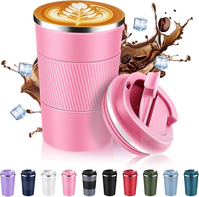 Volhoply 13 oz Stainless Steel Insulated Travel Coffee Mug with Fip Lid,Reusable Double Wall Vacuum Metal Coffee Cup,Portable to Go Leak Proof Cafe Thermal Tumbler for Hot & Cold Drinks(Pink,1)