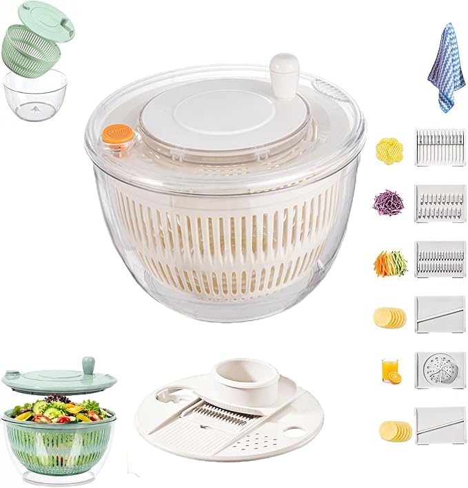 5L 3 in 1 Salad Spinner & Slicer,Multifunctional Salad Spinner with Mandoline Slicer,5-in-1 Manual SaladSpinner & Vegetable Prep Bowl,5 in 1 LettuceSpinner Dryer with 5 Blades Slicing,for Kitchen (B)