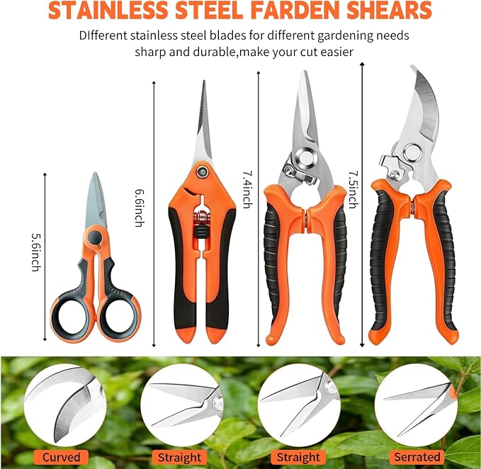HoMaNa 4 Pack Garden Shears Pruning Set, Stainless Steel Multi-Blade | Sharp stainless steel blades with safety lock, spring ergonomic grips reduce hand strain, for flowers, bonsai garden