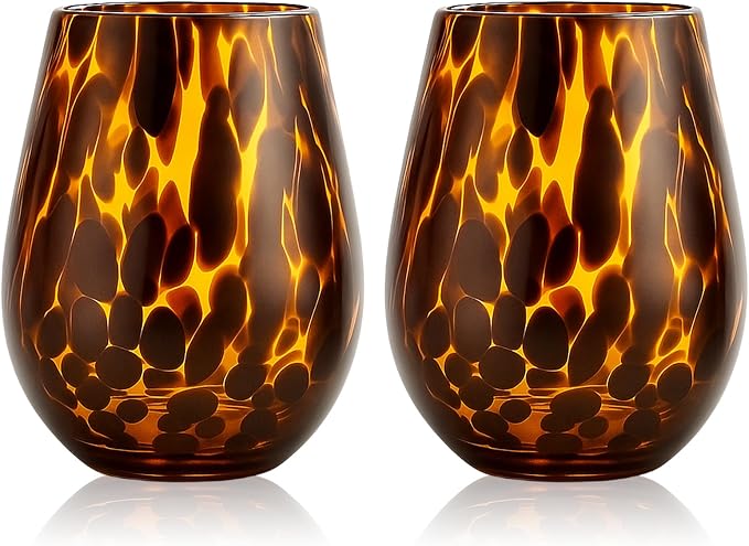 SiliFine Set of 2 Tortoise Shell Stemless Wine Glasses, 16oz Vintage Brown Decorative Glassware, Aesthetic Hand Blown Leopard Print Drinkware for Cocktail, Gin, Gifts for Party, Housewarming