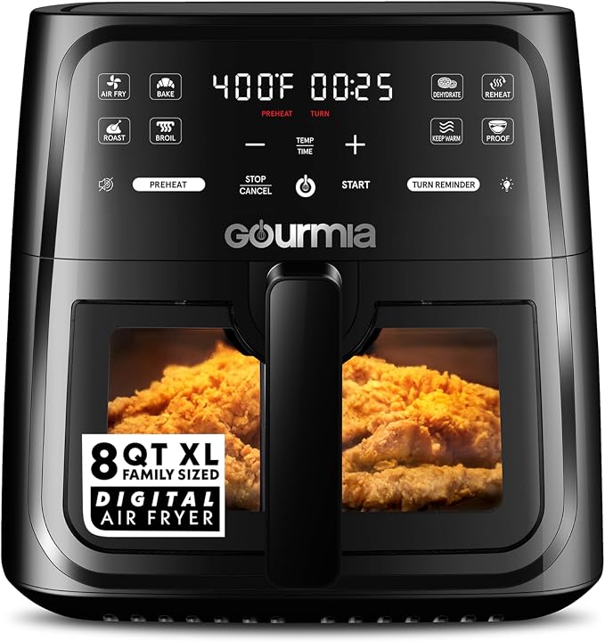 Gourmia 8 Qt Air Fryer, 8 Presets with Digital Display, FryForce 360° Technology, Easy View Window & Interior Light, Dishwasher Safe Basket, Black