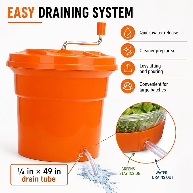 YBSVO 5-Gallon Commercial Salad Spinner Dryer | Heavy Duty Large Lettuce Dryer & Vegetable Washer – Manual Food Prep Spinner for Restaurants & Catering