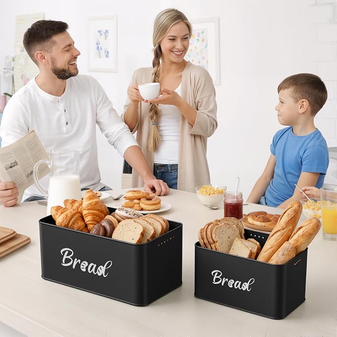 Metal Bread Box Set of 2 with Bamboo Lid, Modern Bread Storage Containers with Air Vents, Bamboo Cutting Board Lid, Farmhouse Kitchen Decor Organizer for Countertop, 2-Size (Large & Small)Black