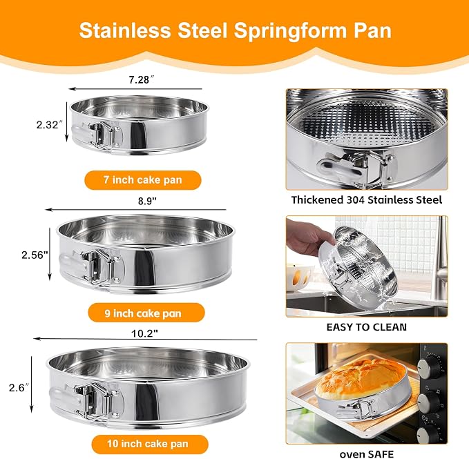 10 Inch Springform Pan for Baking, 304 Stainless Steel Cheesecake Pan with Removable Bottom, Includes 12 Piping Tips and 50 Parchment Papers for Pie Cake Pizza and Quiches(10" Cake pan)