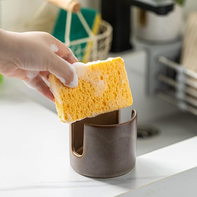 Zoeeker Ceramic Sponge Holder for Kitchen Sink, Dish Sponge Caddy Scrubby Caddy Drying Rack Kitchen Organizer for Countertop, Farmhouse Decor, Dark Agate Red