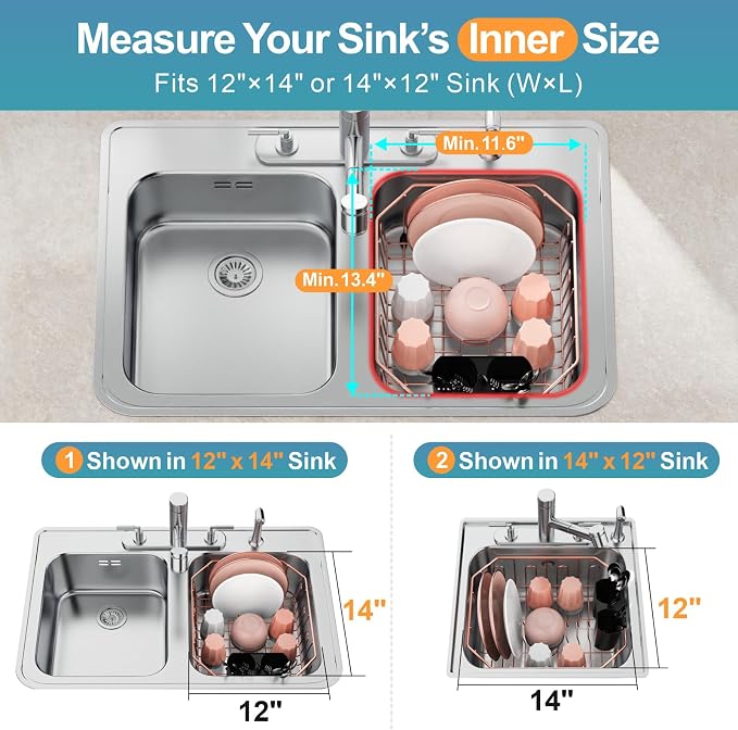 Small in Sink Dish Drying Rack - Stainless Steel for RV Kitchen | Compact Design for Apartments, Angled Corners Fit Square & Round Sinks, Utensil Holder, Cup Hooks, 1-2 Person, 11.6" x 13.4"