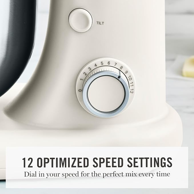 Martha Stewart 5.3QT Tilt Head Stand Mixer, 12 Speeds, Stainless Steel Bowl | Dough Hook, Stainless Whisk, Beater, Removable Splash Shield, Bread, Cake & Whipping, Electric Kitchen Mixer, Linen Cream
