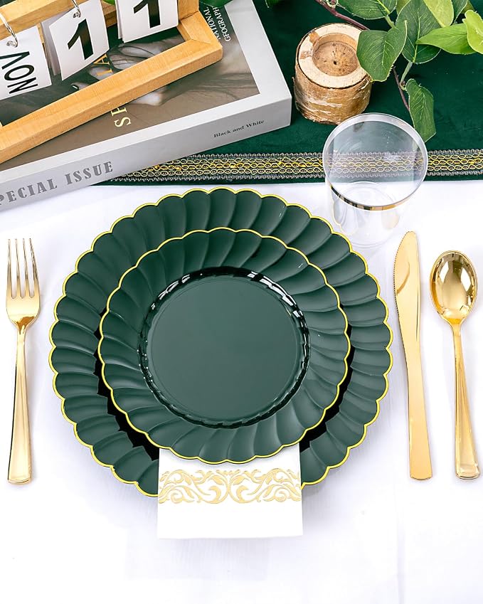 YOUBET 175PCS Green Scalloped Plastic Plates for Party Wedding | Green and Gold Disposable Dinnerware Set Include 50 Plates, 75 Gold Silverware, 25 Cups, 25 Napkins