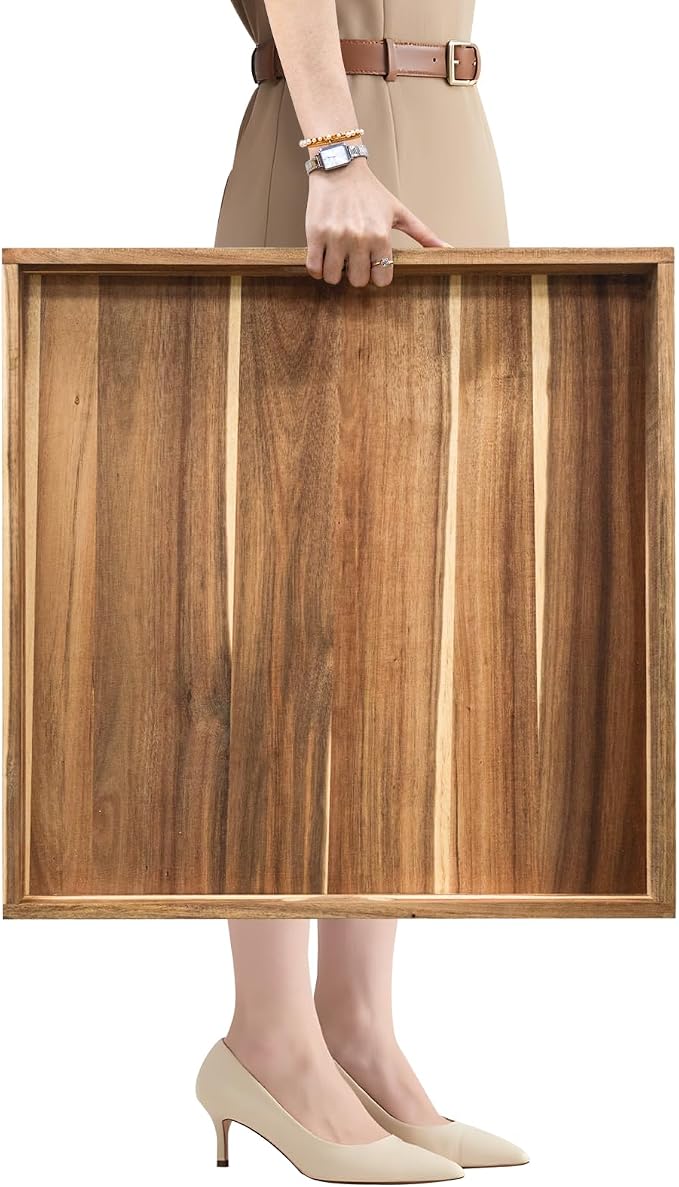 Extra Large Ottoman Tray, 22" Square Acacia Wood Tray with Handles | Farmhouse Wooden Decorative Trays, Oversized Coffee Table Tray, Serving Platter Tray for Living Room, Countertop, Charcuterie