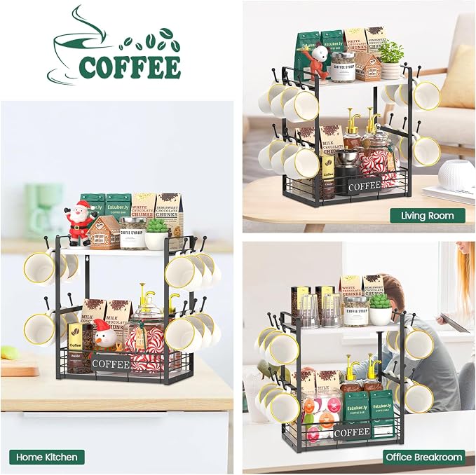 EsLuker.ly Coffee Mug Cup Holder Tree Bar Station Organizer, 2 Tier White | Mug Stand Rack for Countertop Kitchen, Storage Tower Display Shelf with 12 Hooks, Coffee Nook Enhancer