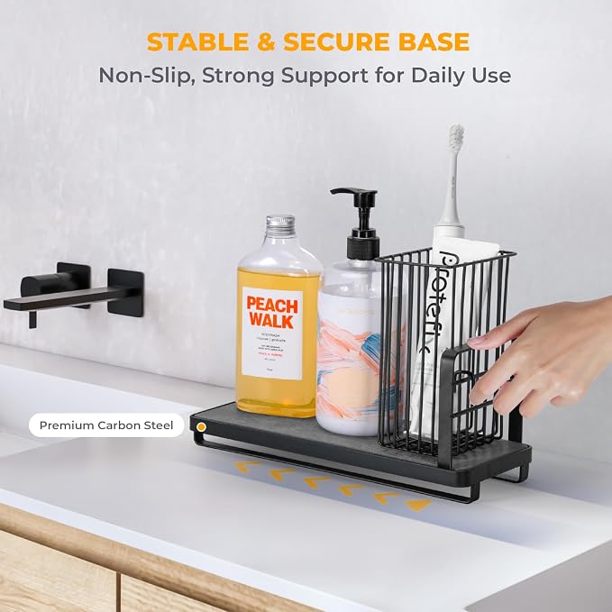 Kitchen Sink Caddy: Sponge Holder for Kitchen Sink Counter with Instant Drying Stone and High Brush Holder, Rustproof Stainless Steel Sponge Holder for Sponges, Scrubbers, Soap (Black)