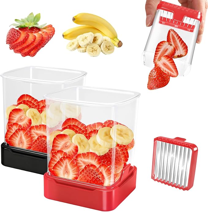2 Pack Fruit Slicer Cup for Strawberry, Banana, Hard-Boiled Egg - Detachable Cutter with Push Plate - Rapid & Safe Slicing Kitchen Gadget for Quick Meal Prep(Black + Red)
