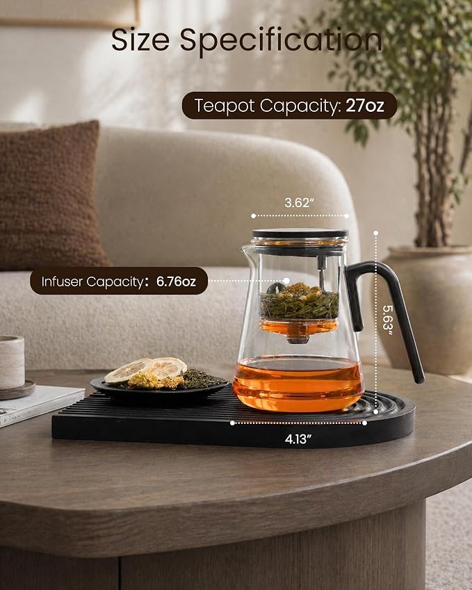 ZENS Echanted Teapot with Infuser for Loose Tea, 27oz Magnetic Teapot | Magic Glasss Teapot with infuser, Mess -Free Japanese Style Teapot for Herbal Tea Lovers, Black Walnut Pattern