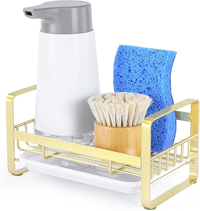 HULISEN Kitchen Sink Sponge Holder, 304 Stainless Steel Kitchen Soap Dispenser Organizer, Countertop Drainer with Removable Tray, not Including Dispenser and Brush, Gold | Removable Drain Tray, Holds Sponges Soap Bottles Brushes, Countertop Storage, No...