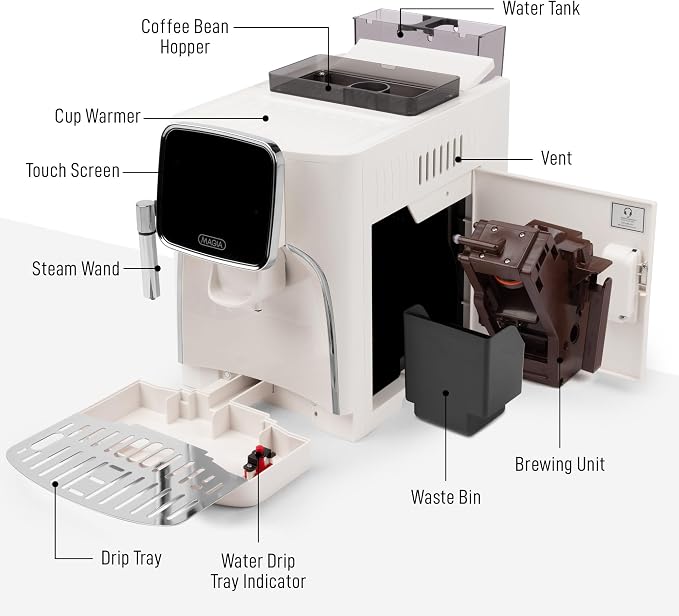 Zulay Kitchen Magia Clasica Automatic Espresso Machine with Built-In Grinder, Touch Panel Coffee Maker, Steam Wand Milk Frother, Adjustable Strength, Self-Cleaning, Cream & Silver (13" x 17.7" x 9.4")