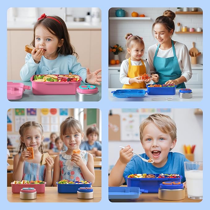 Upgraded Kids Lunch Box with Thermo for Hot Food 1400ml Child Bento Box for Kids with 5oz Small Thermo for Boys Girls with Fork Spoon Leakproof for Dining Out School Work Picnic-Blue