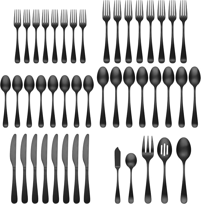 Cambridge Rhiannon Black Satin 45-Piece Silverware Set for 8, Flatware | black, dishwasher safe | includes serving spoons and utensil set | heavy duty, cutlery set for kitchen and dining