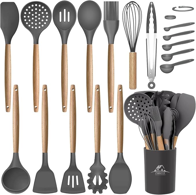 MIBOTE Silicone Cooking Kitchen Utensils Set, 17 Pcs, Wooden Handle, Grey | BPA-Free, Non-Toxic Silicone Turner, Tongs, Spatula, Spoon Set – Great for Nonstick Cookware, Heat-Resistant, Easy Clean