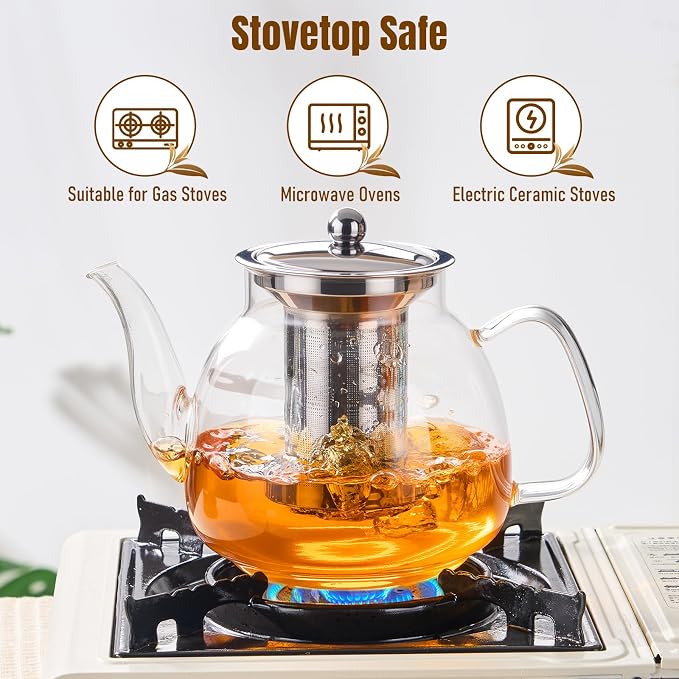 PARACITY Glass Teapot with Infuser, 50 oz Stovetop Kettle for Loose Tea | Borosilicate body with removable 18/8 steel strainer brews blooming and herbal teas; long spout supports travel or camping