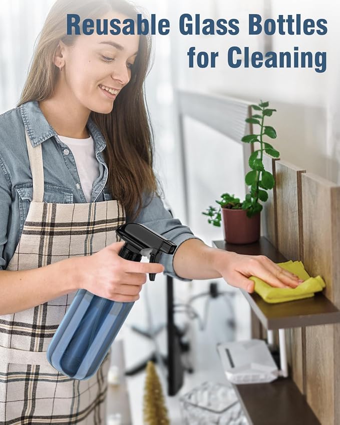 Bontip Glass Spray Bottle 16 oz for Cleaning, Plants (2 Pack, Indigo Blue) | Refillable indigo spray bottle Set, BPA-free eco glass, With labels and funnel, Great for cleaners, plant misting, hair care