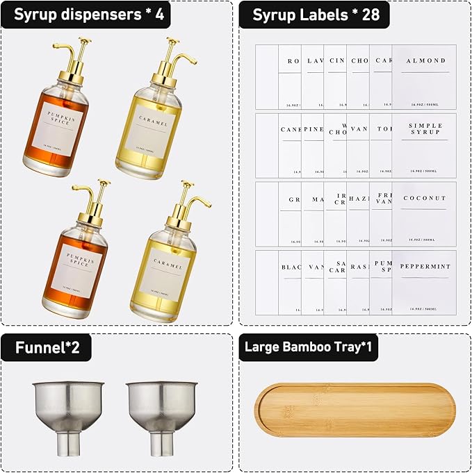 Coffee Syrup Dispenser for Coffee Bar with Gold Upgraded Pump, 4 Pack | Coffee Syrup Pump Dispenser, Glass Syrup Bottle 16.9 oz 500 ml Syrup Dispensers, 28 Labels and Large Bamboo Tray