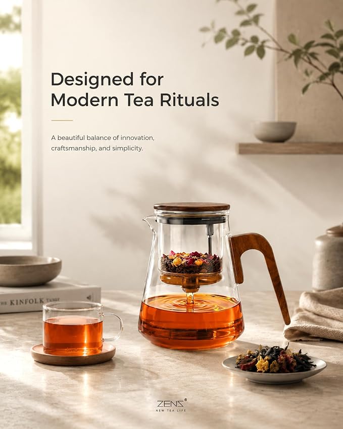 ZENS Magnetic Glass Infuser Teapot for Loose Tea, 27oz Walnut Wood Handle | Magic Teapot with Infuser, Echanted Tea Maker, Mess-Free Loose Leaf Tea Diffusers for Tea lover Gifts