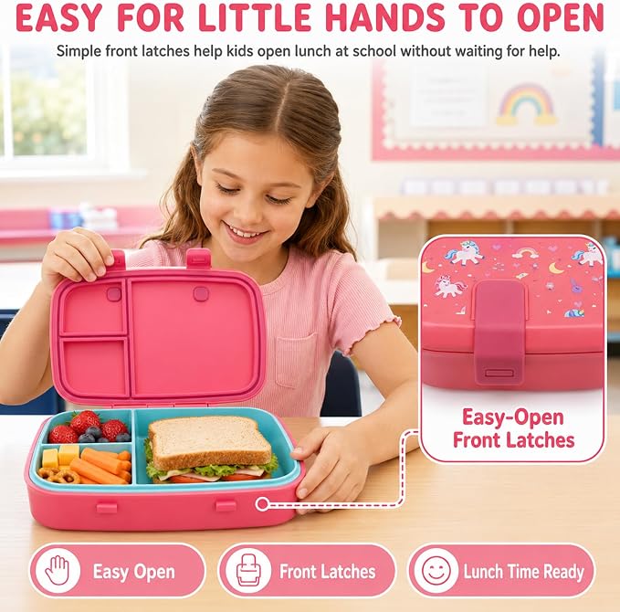 MISS BIG Bento Lunch Box for Kids, Pink Unicorn, 3 Compartments, 800ml | Kids lunch box for preschool, daycare, kindergarten, school meals, snacks, and everyday kid portions