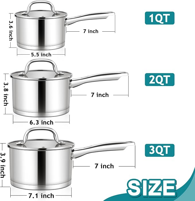 E-far Stainless Steel Saucepan with Lid Set - 1QT & 2QT &3QT, Triply Sauce Pan Induction Pot for Cooking, Boiling, Compatible with All Stoves, Visible Lid, Healthy & Non Toxic, Oven & Dishwasher Safe