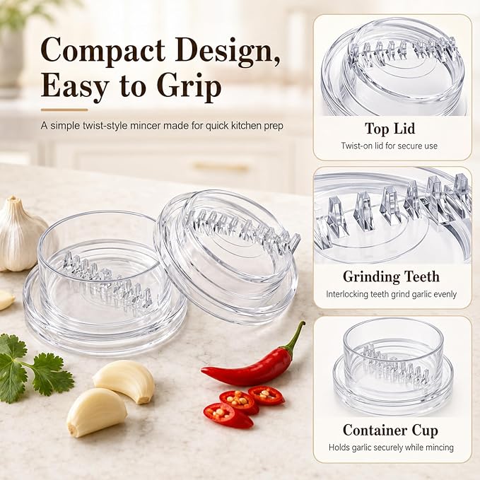 3PCS Garlic Twister – Manual Garlic Mincer & Garlic Press in One | Garlic Twister Mincer for Ginger, Herbs, Nuts & more, Dishwasher Safe, 3–5 Clove Capacity - Clear